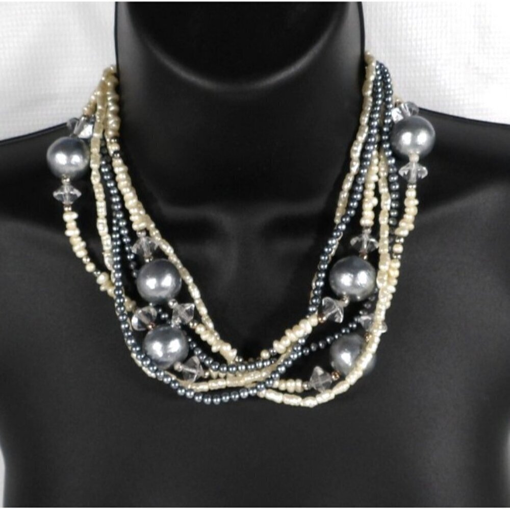 Vintage statement necklace multi strand silver, beige & clear beads 18"